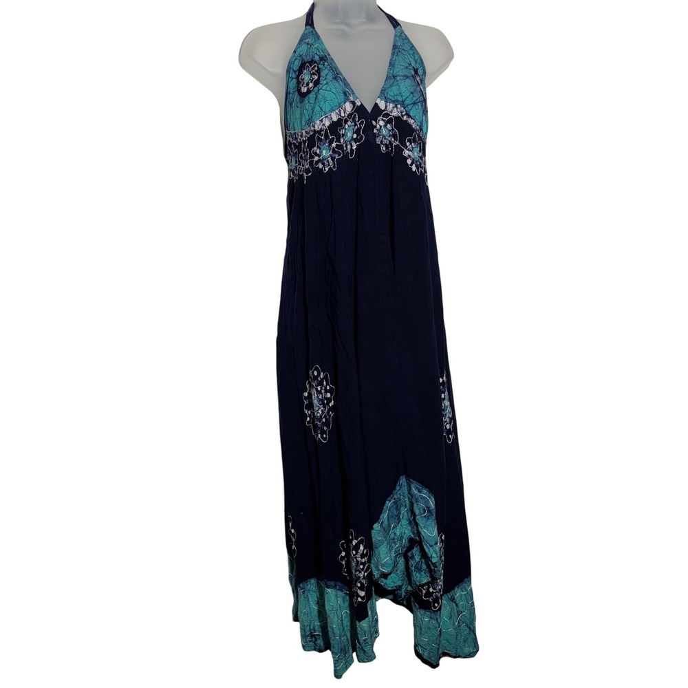 Batik Halter Maxi Dress Navy Turquoise Boho Embroidered Rayon Open Back One size - Picture 3 of 10